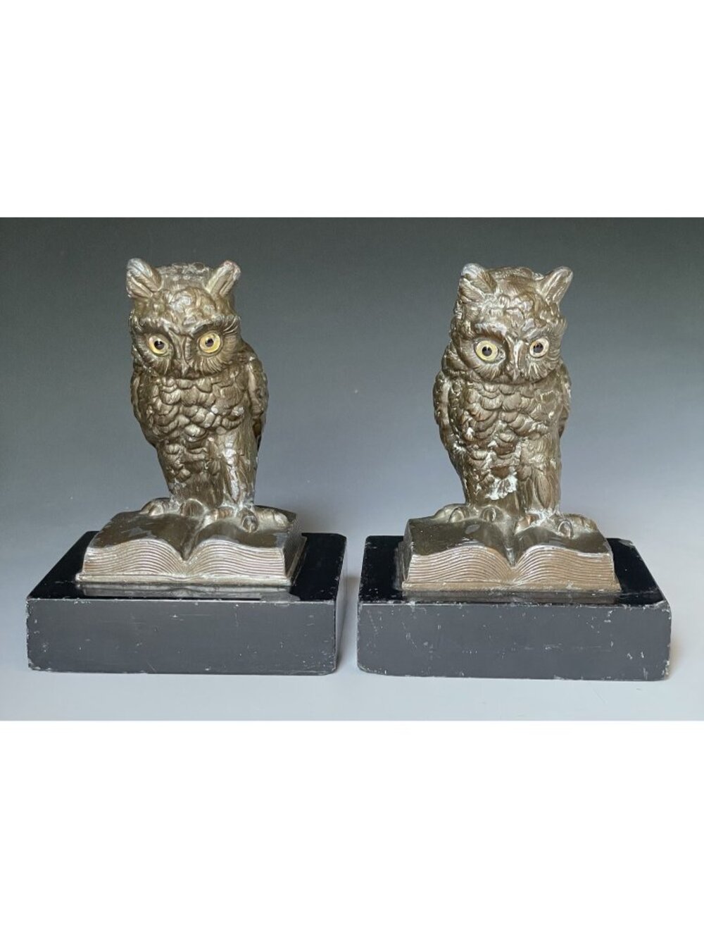 Pair of Antique Art Deco New York Cast Metal Owl Marble Stone Bookends JB Hirsch